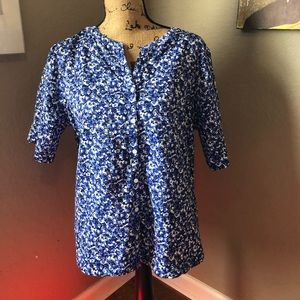 L.L. Bean Blue Floral V-Neck Blouse